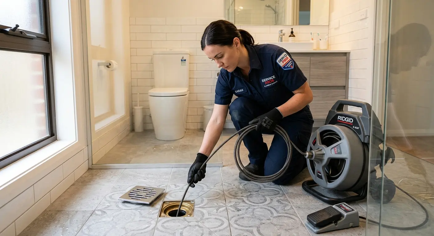 Technician clearing a bathroom floor drain for Sewer Line Replacement in Albion